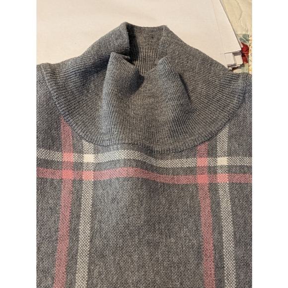 Max Studio Gray Pink Plaid Mock Turtleneck Pullover Knit Womens One Size Poncho - Picture 4 of 12